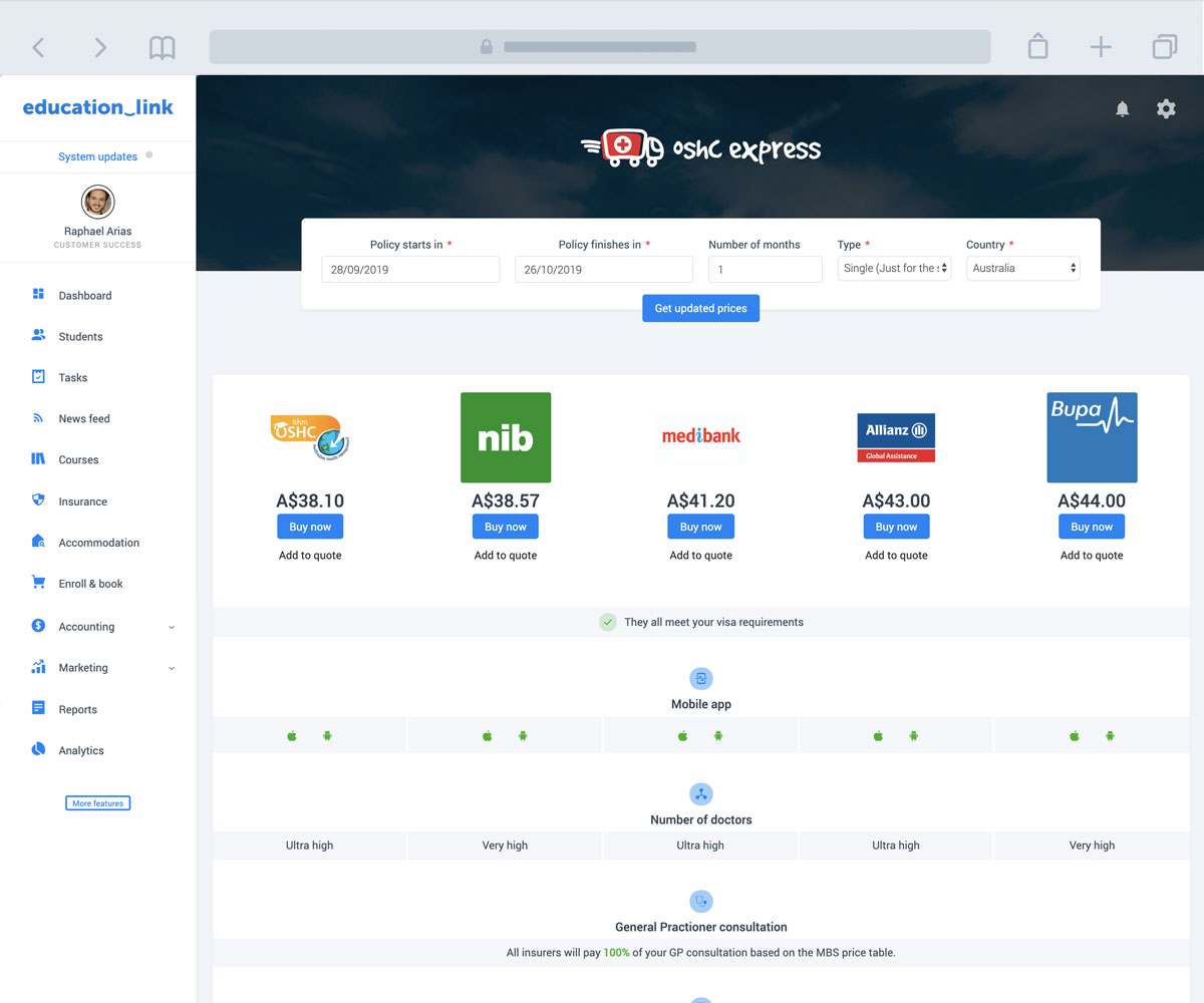 International education software with insurance (OSHC) search